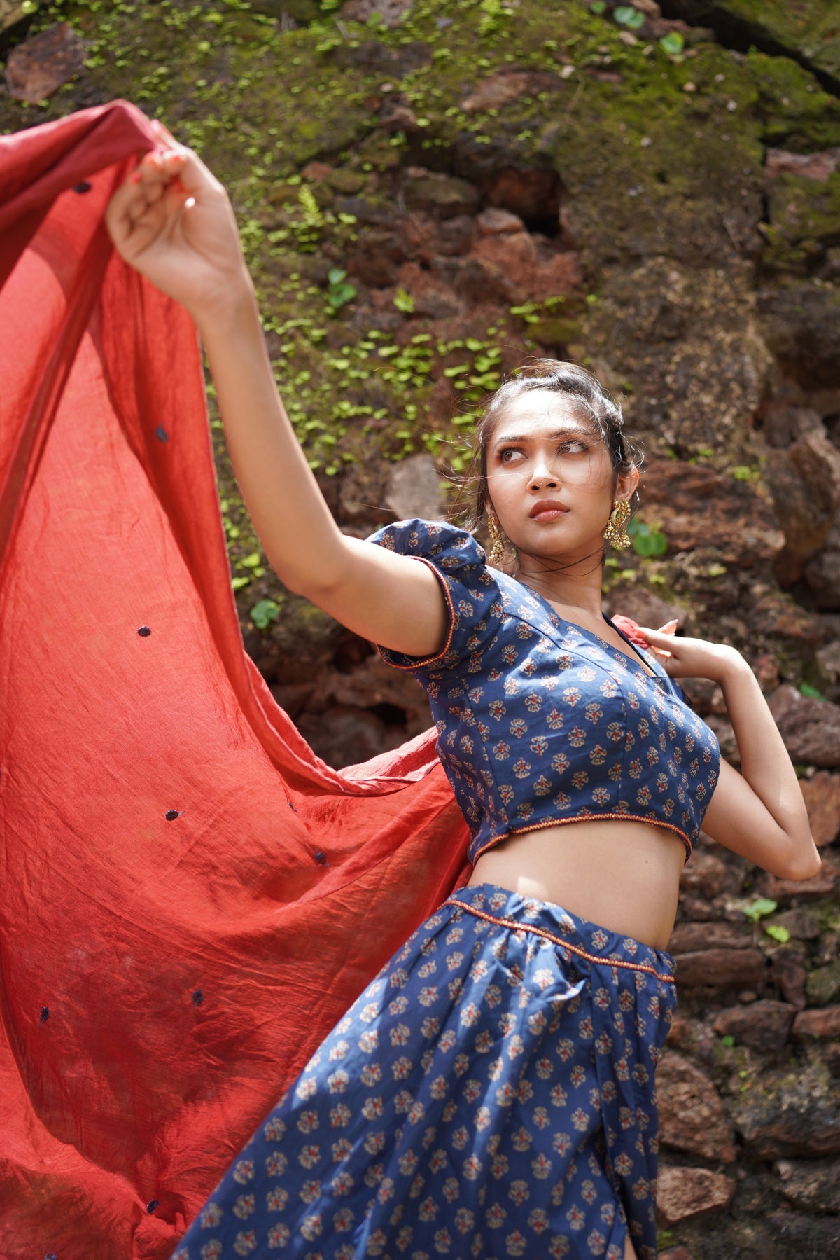 Blue Butta Printed Lehenga with Red Dupatta at kamakhyaa.com by Hasttvam. This item is Blue, Cotton, Festive Wear, Floral, Handmade by Artisans, Natural Dye, Navratri, Navratri Teens, Pinterest 2025, Rang by Hasttvam, Relaxed Fit, Responsible production and Vegan