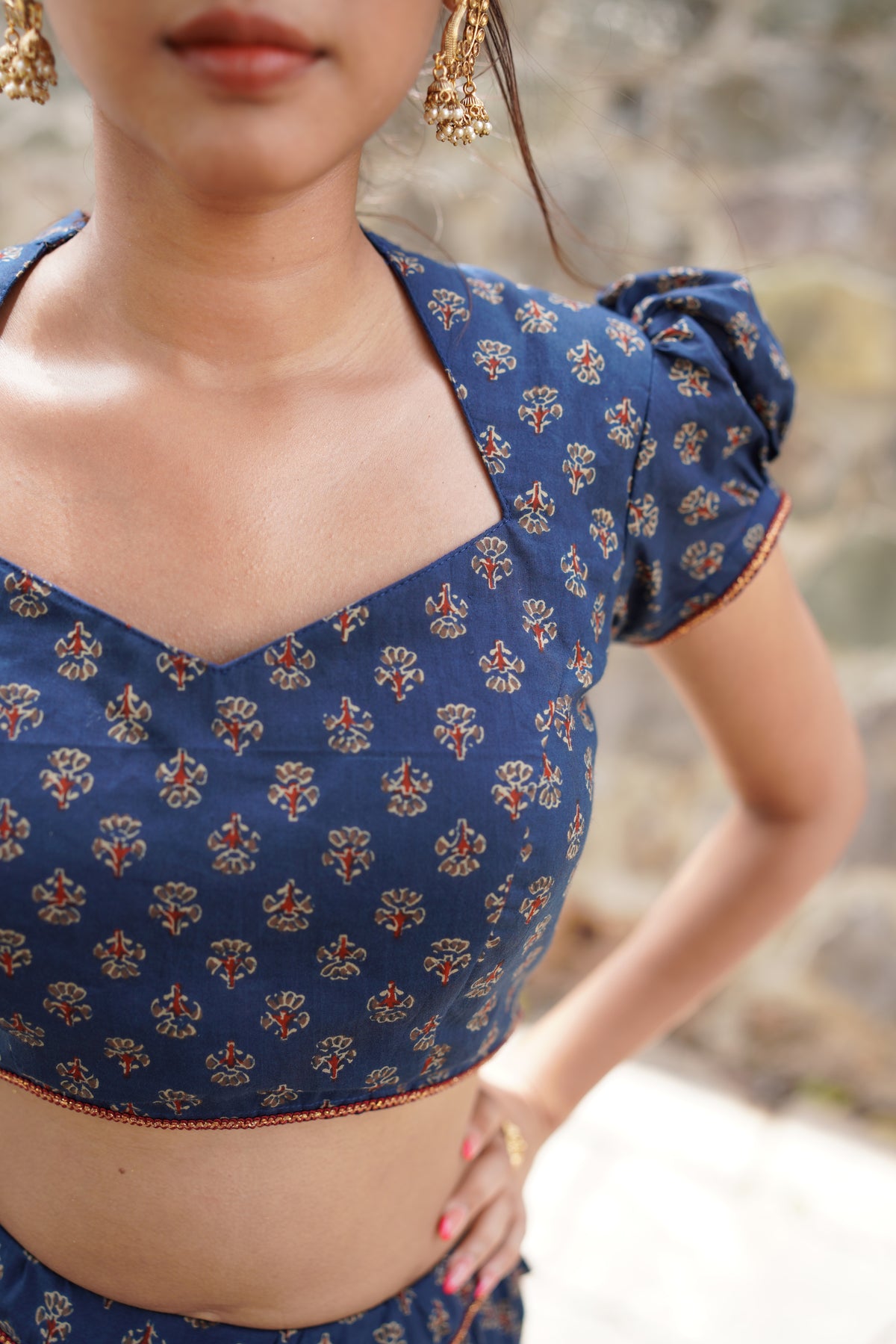 Blue Butta Printed Lehenga with Red Dupatta at kamakhyaa.com by Hasttvam. This item is Blue, Cotton, Festive Wear, Floral, Handmade by Artisans, Natural Dye, Navratri, Navratri Teens, Pinterest 2025, Rang by Hasttvam, Relaxed Fit, Responsible production and Vegan