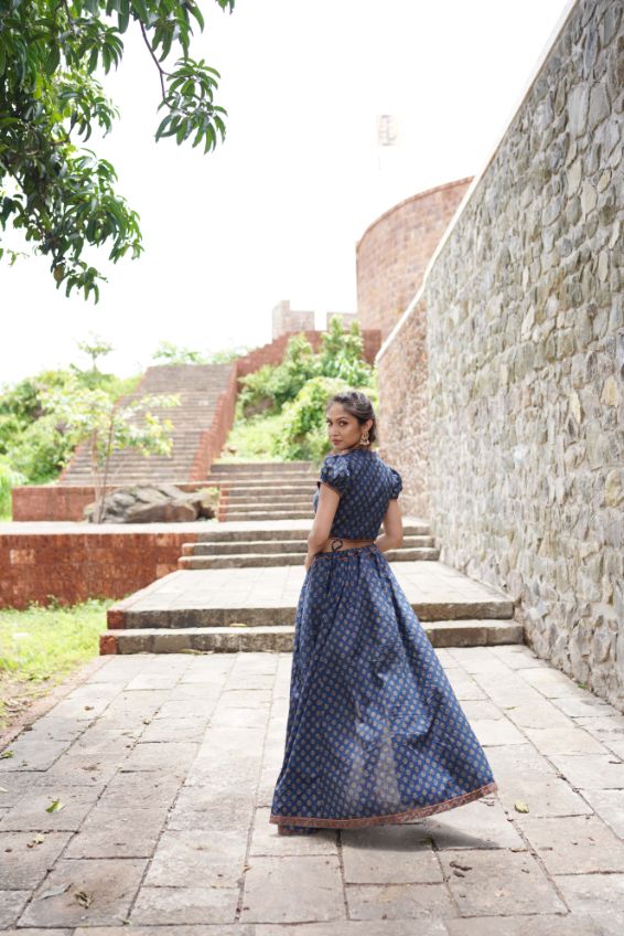 Blue Butta Printed Lehenga with Red Dupatta at Kamakhyaa by Hasttvam. This item is Blue, Cotton, Festive Wear, Floral, Handmade by Artisans, Natural dyes, Relaxed Fit, Respondible production and Vegan