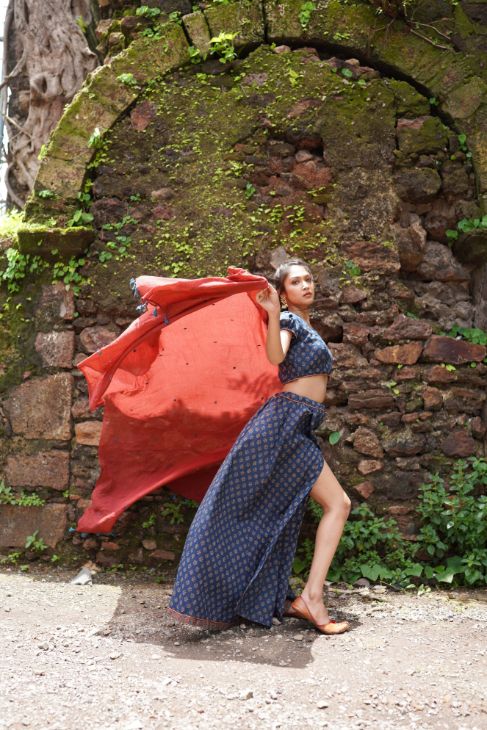 Blue Butta Printed Lehenga with Red Dupatta at Kamakhyaa by Hasttvam. This item is Blue, Cotton, Festive Wear, Floral, Handmade by Artisans, Natural dyes, Relaxed Fit, Respondible production and Vegan