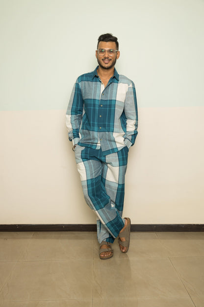 Blue Casual Mens Co-ord at Kamakhyaa by Anushé Pirani. This item is 100% Cotton, Blue, Casual Wear, Checks, Handwoven, Handwoven Cotton, Lounge Wear Co-ords, Regular Fit, The Co-ord Edit, The Co-ord Edit by Anushe Pirani, Womenswear