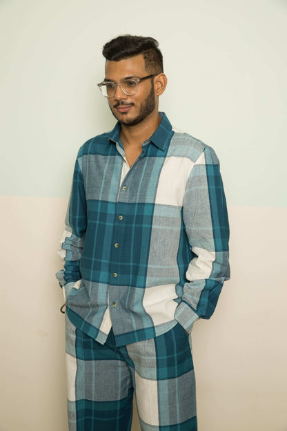 Blue Casual Mens Co-ord at Kamakhyaa by Anushé Pirani. This item is 100% Cotton, Blue, Casual Wear, Checks, Handwoven, Handwoven Cotton, Lounge Wear Co-ords, Regular Fit, The Co-ord Edit, The Co-ord Edit by Anushe Pirani, Womenswear