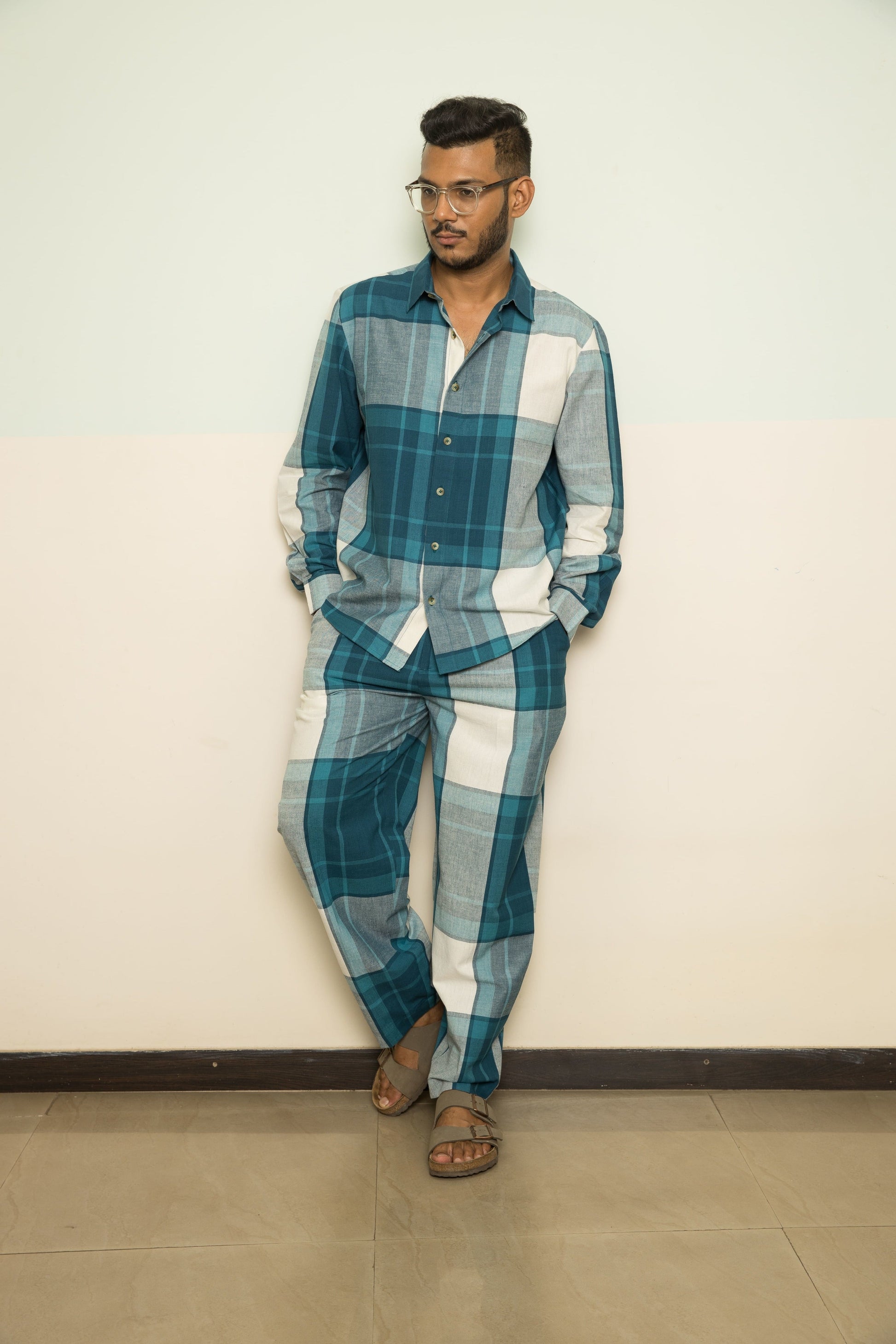 Blue Casual Mens Co-ord at Kamakhyaa by Anushé Pirani. This item is 100% Cotton, Blue, Casual Wear, Checks, Handwoven, Handwoven Cotton, Lounge Wear Co-ords, Regular Fit, The Co-ord Edit, The Co-ord Edit by Anushe Pirani, Womenswear