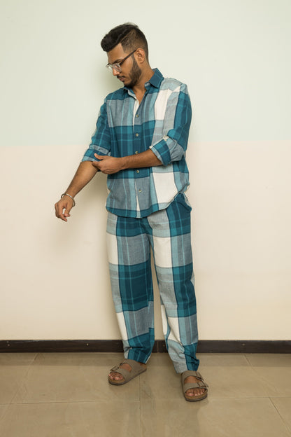 Blue Casual Mens Co-ord at Kamakhyaa by Anushé Pirani. This item is 100% Cotton, Blue, Casual Wear, Checks, Handwoven, Handwoven Cotton, Lounge Wear Co-ords, Regular Fit, The Co-ord Edit, The Co-ord Edit by Anushe Pirani, Womenswear