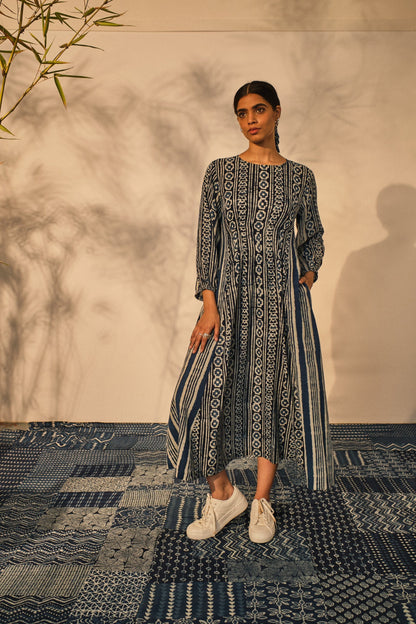 Blue Casual Wear Midi Dress at Kamakhyaa by Akashii Clothing. This item is 100% Blue Indigo Cotton, Batik Prints, Blue, Casual Wear, handmade, Midi Dresses, Neeli by Akashi Clothing, Organic, Regular Fit