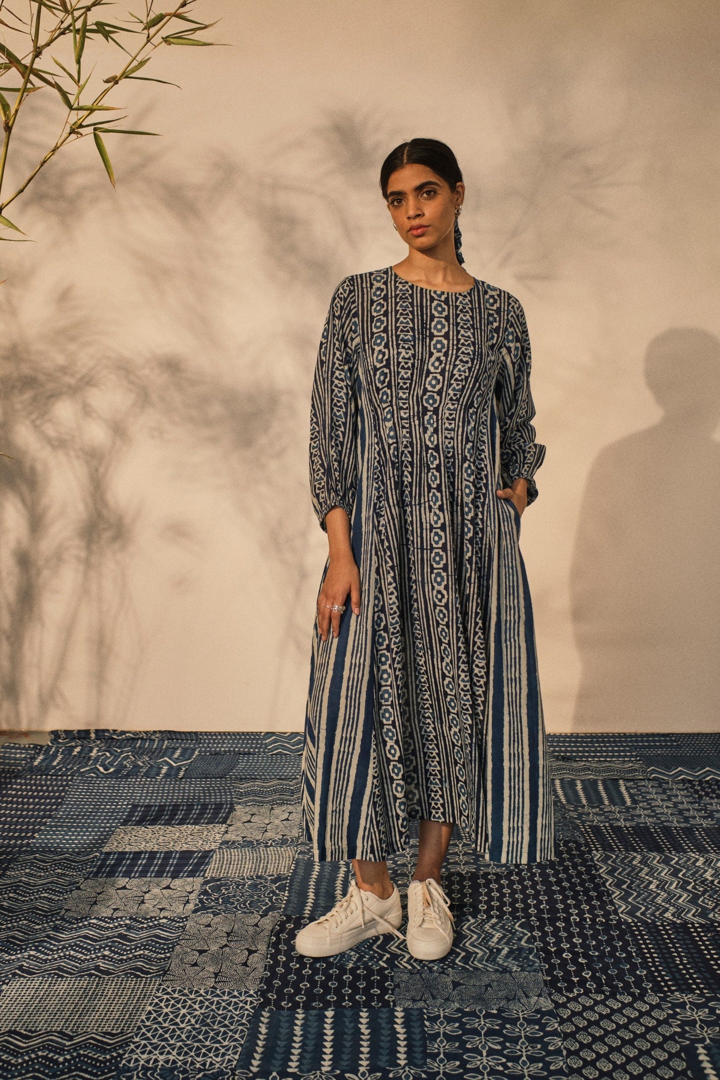 Blue Casual Wear Midi Dress at Kamakhyaa by Akashii Clothing. This item is 100% Blue Indigo Cotton, Batik Prints, Blue, Casual Wear, handmade, Midi Dresses, Neeli by Akashi Clothing, Organic, Regular Fit