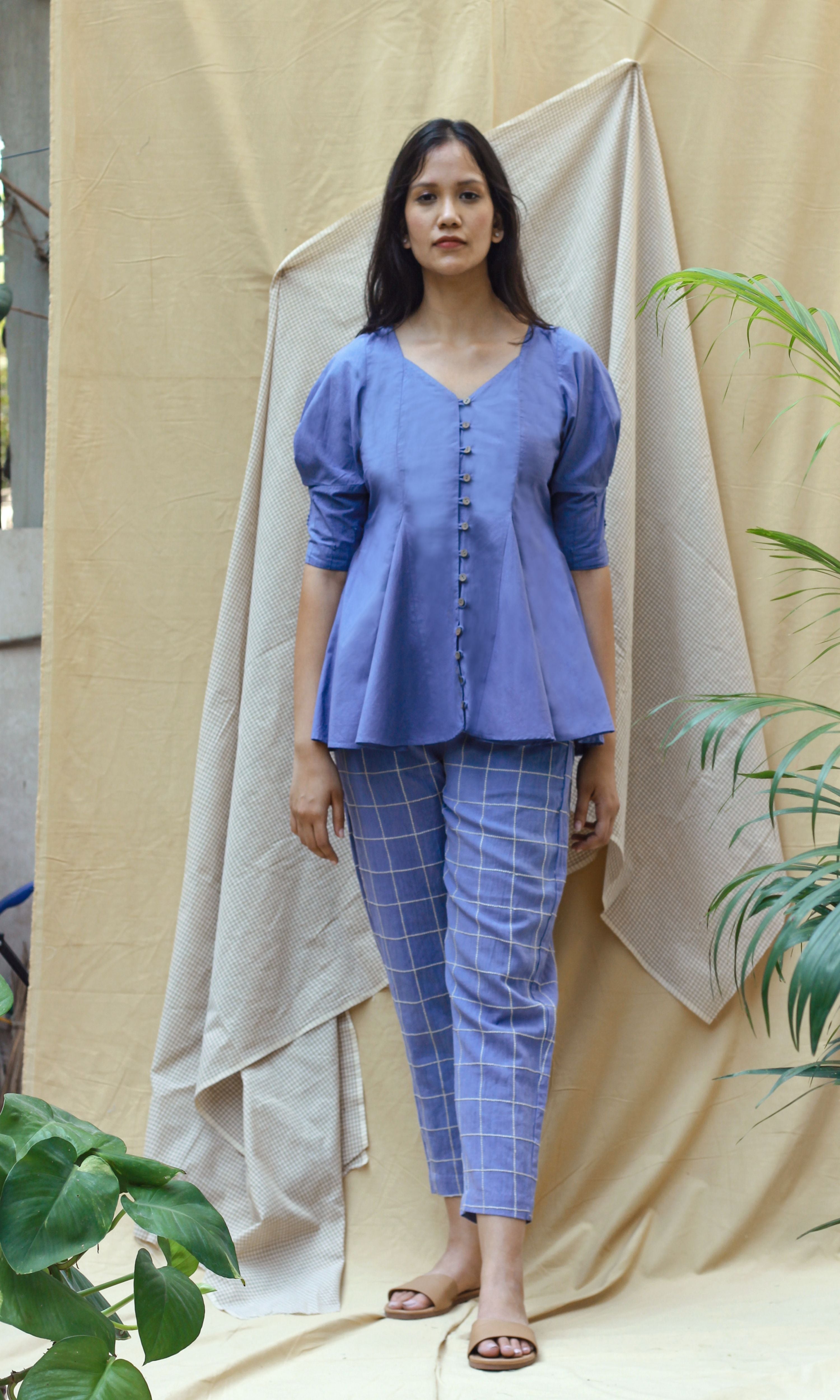 Blue Checks Cord Set at Kamakhyaa by Chambray & Co.. This item is Blue, Casual Wear, Co-ord Sets, Console Collection List, Echo by Chambray & Co, Hand Spun Cotton, Linen, missing, Regular Fit, Render by Chambray & Co., Solids, Womenswear