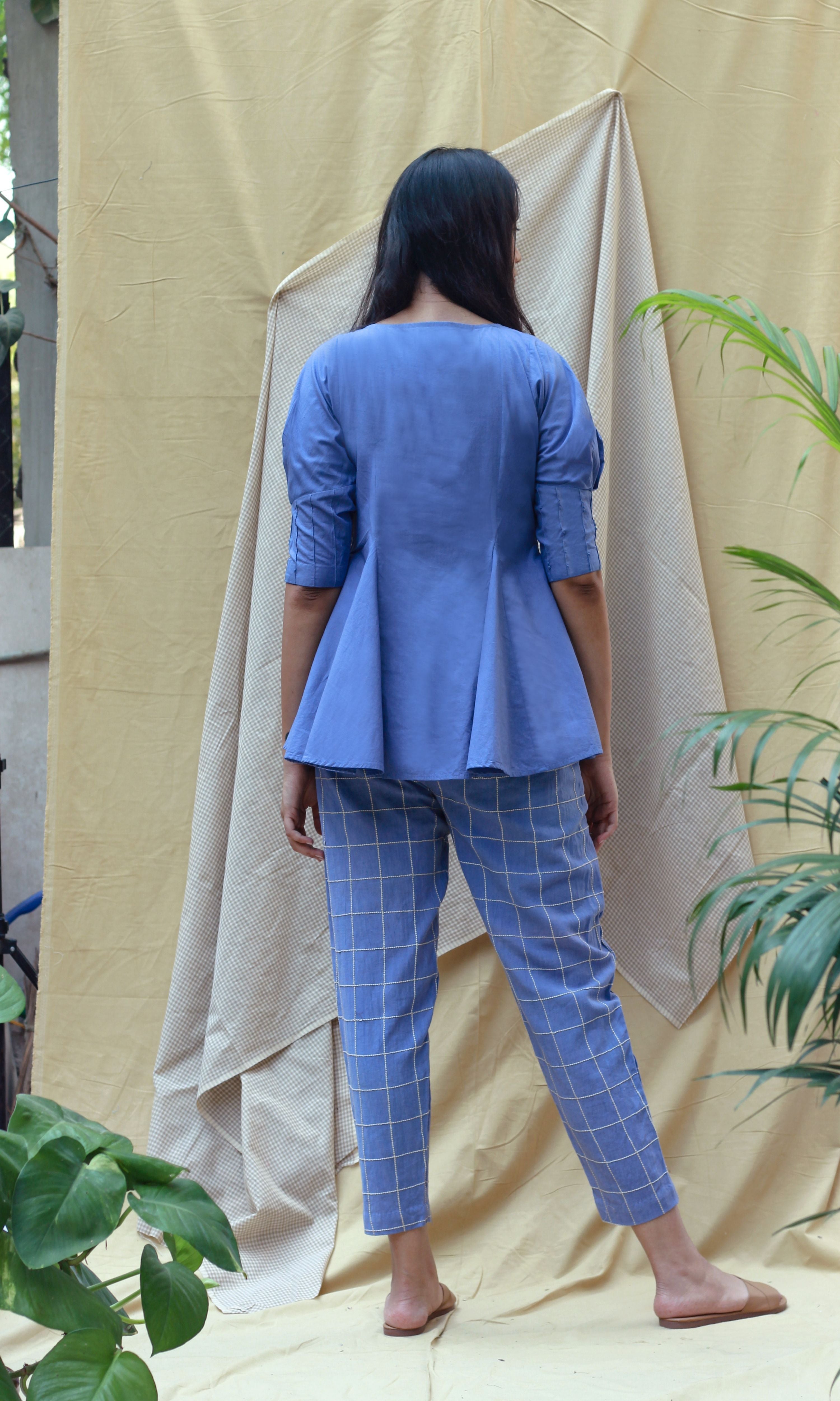 Blue Checks Cord Set at Kamakhyaa by Chambray & Co.. This item is Blue, Casual Wear, Co-ord Sets, Console Collection List, Echo by Chambray & Co, Hand Spun Cotton, Linen, missing, Regular Fit, Render by Chambray & Co., Solids, Womenswear