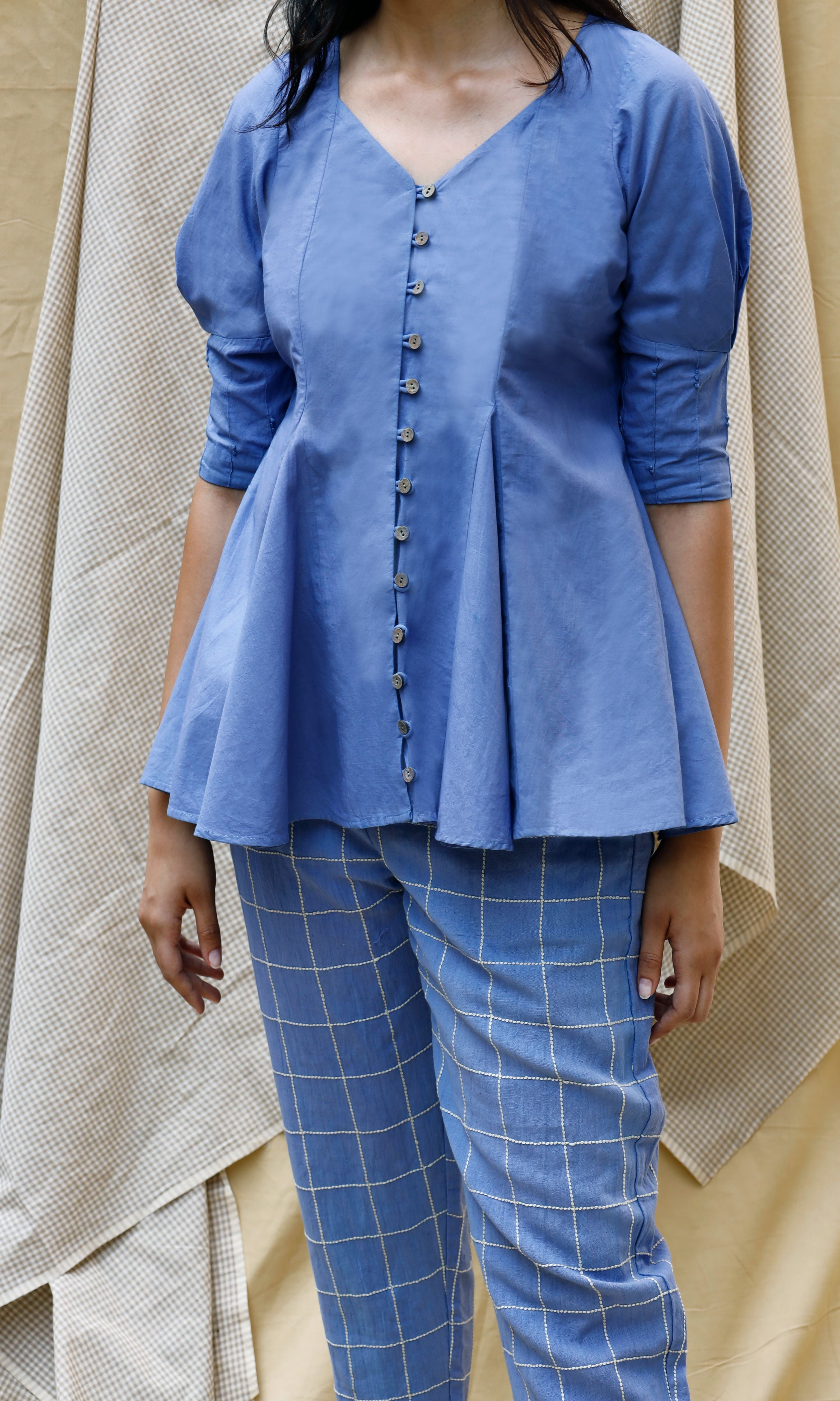 Blue Checks Cord Set at Kamakhyaa by Chambray & Co.. This item is Blue, Casual Wear, Co-ord Sets, Console Collection List, Echo by Chambray & Co, Hand Spun Cotton, Linen, missing, Regular Fit, Render by Chambray & Co., Solids, Womenswear