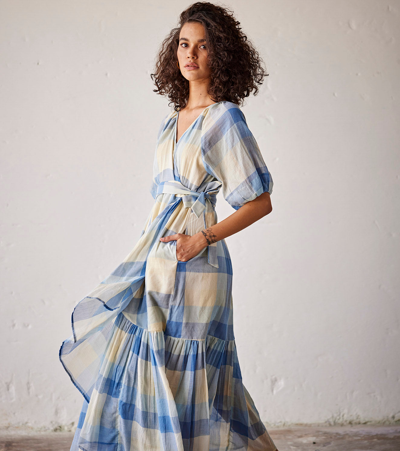 Blue Checks Cotton Knot Wrap Dress at Kamakhyaa by Khara Kapas. This item is An Indian Summer, Blue, Casual Wear, Checks, Dresses, Mulmul cotton, Organic, Relaxed Fit, Womenswear