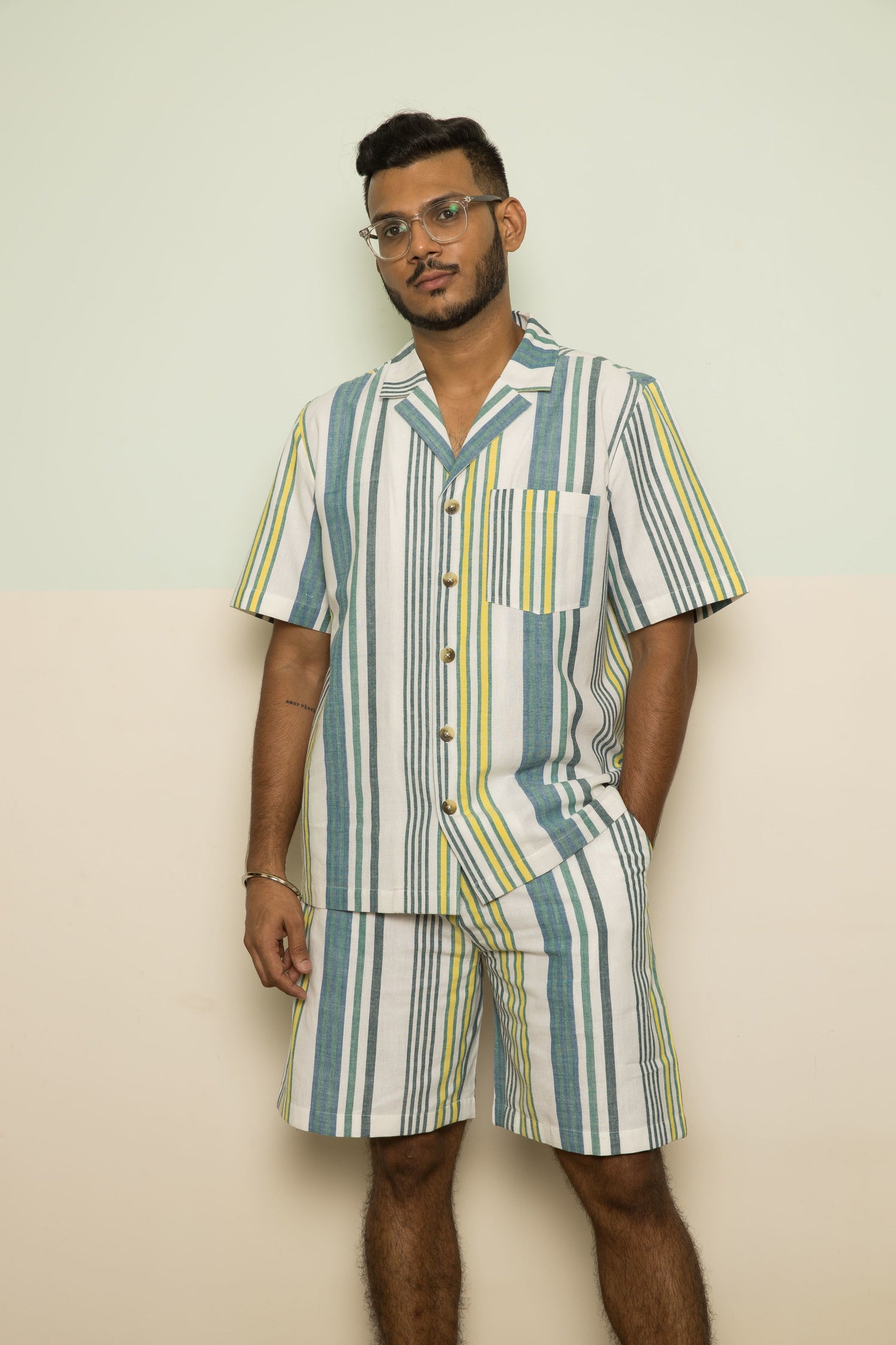 Blue Checks Mens Co-ord at Kamakhyaa by Anushé Pirani. This item is 100% Cotton, Blue, Casual Wear, Handwoven, Handwoven Cotton, Lounge Wear Co-ords, Regular Fit, Stripes, The Co-ord Edit, The Co-ord Edit by Anushe Pirani, Womenswear