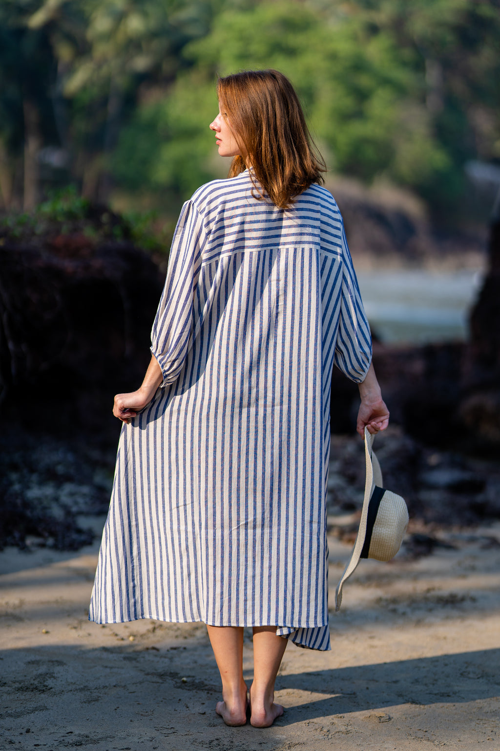 Blue Checks Resort Wear Midi Dress at Kamakhyaa by Krushnachuda. This item is Blue, Handloom Cotton, Midi Dresses, Natural Dye, Organic, Relaxed Fit, Resort Wear, Stripes