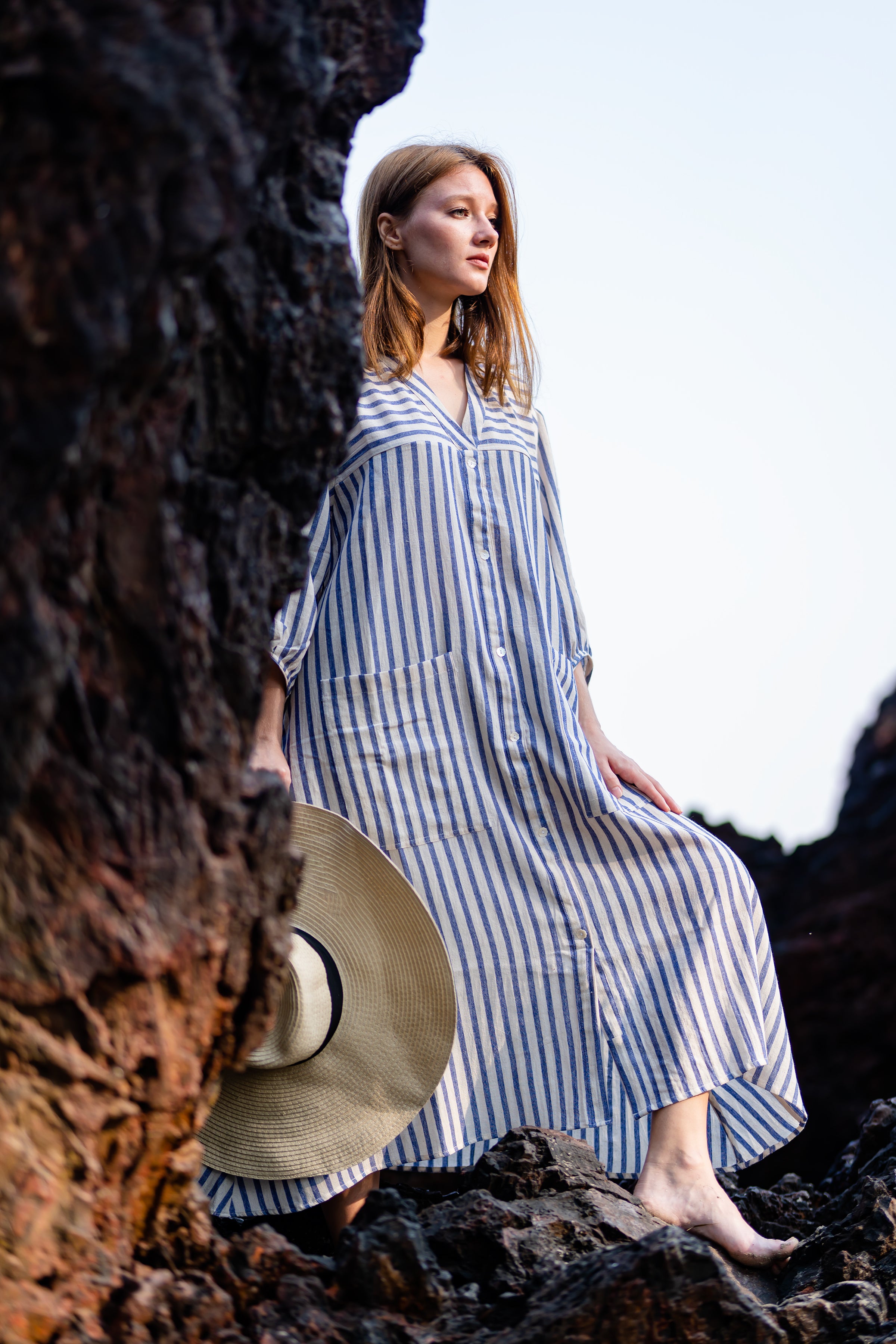 Blue Checks Resort Wear Midi Dress at Kamakhyaa by Krushnachuda. This item is Blue, Handloom Cotton, Midi Dresses, Natural Dye, Organic, Relaxed Fit, Resort Wear, Stripes