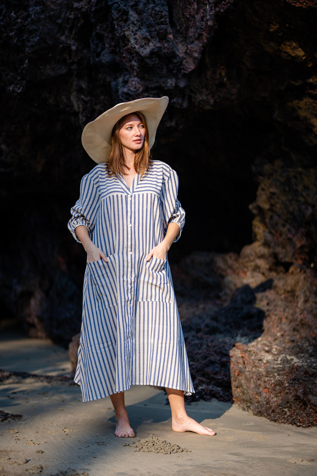 Blue Checks Resort Wear Midi Dress at Kamakhyaa by Krushnachuda. This item is Blue, Handloom Cotton, Midi Dresses, Natural Dye, Organic, Relaxed Fit, Resort Wear, Stripes
