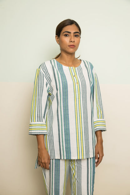 Blue Cotton Casual Co-ord at Kamakhyaa by Anushé Pirani. This item is 100% Cotton, Blue, Casual Wear, Handwoven, Handwoven Cotton, Lounge Wear Co-ords, Regular Fit, Stripes, The Co-ord Edit, Womenswear