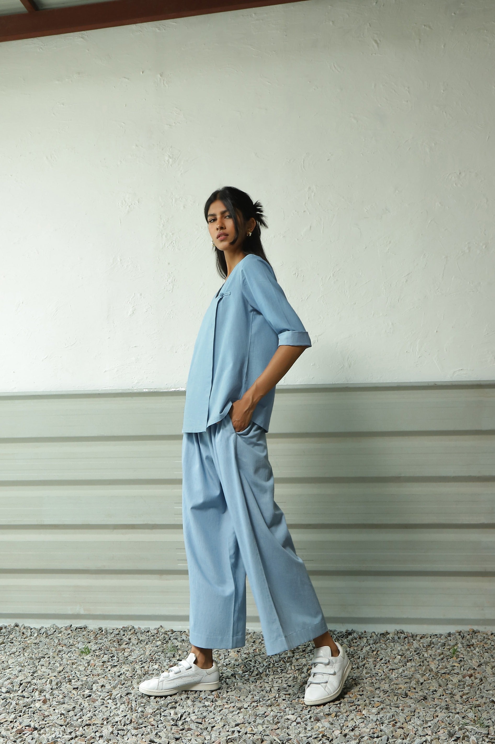 Blue Cotton Overlap Top Pant Set at Kamakhyaa by Canoopi. This item is Black, Blue, Canoopi, Casual Wear, Complete Sets, Cotton, Natural, Poplin, Regular Fit, Solids, Vacation Co-ords, Womenswear