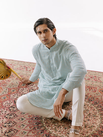 Blue Cotton Regular Fit Kurta Set at Kamakhyaa by RoohbyRidhimaa. This item is Blue, Cotton, Cotton Linen, Cotton Silk, Festive Wear, Kurta Pant Sets, Linen, Luxurious Cotton Linen, Men Kurta Pant Sets, Menswear By RoohbyRidhimaa, Qala By RoohbyRidhimaa, Regular Fit, Solids