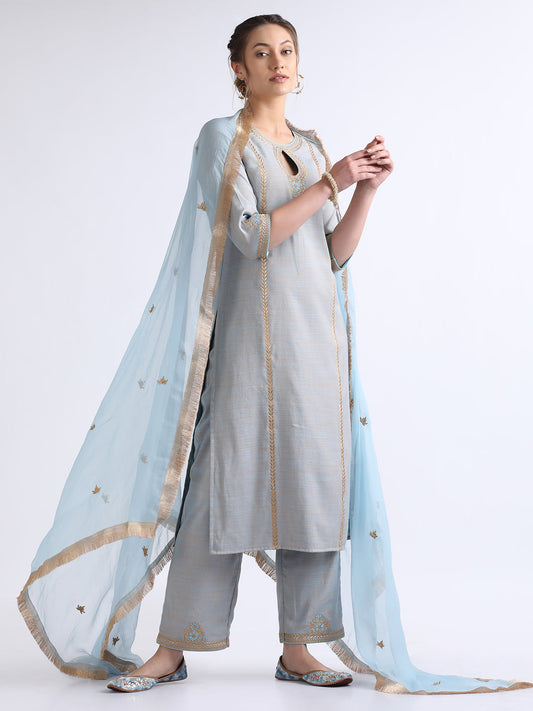 Blue Cotton Relaxed Fit Kurta Set with Dupatta at Kamakhyaa by RoohbyRidhimaa. This item is Blue, Chiffon, Cotton, Dupattas, Embroidered, Festive Wear, Kurta Set with Dupattas, Relaxed Fit, Toxin free, Zari Embroidered
