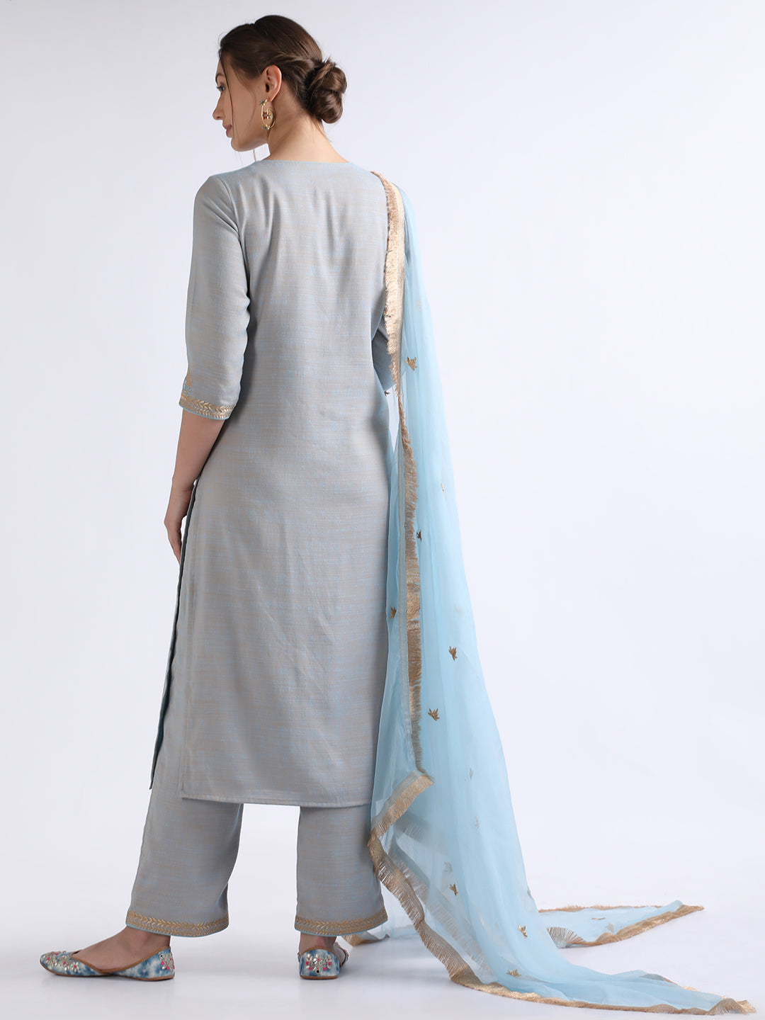 Blue Cotton Relaxed Fit Kurta Set with Dupatta at Kamakhyaa by RoohbyRidhimaa. This item is Blue, Chiffon, Cotton, Dupattas, Embroidered, Festive Wear, Kurta Set with Dupattas, Relaxed Fit, Toxin free, Zari Embroidered