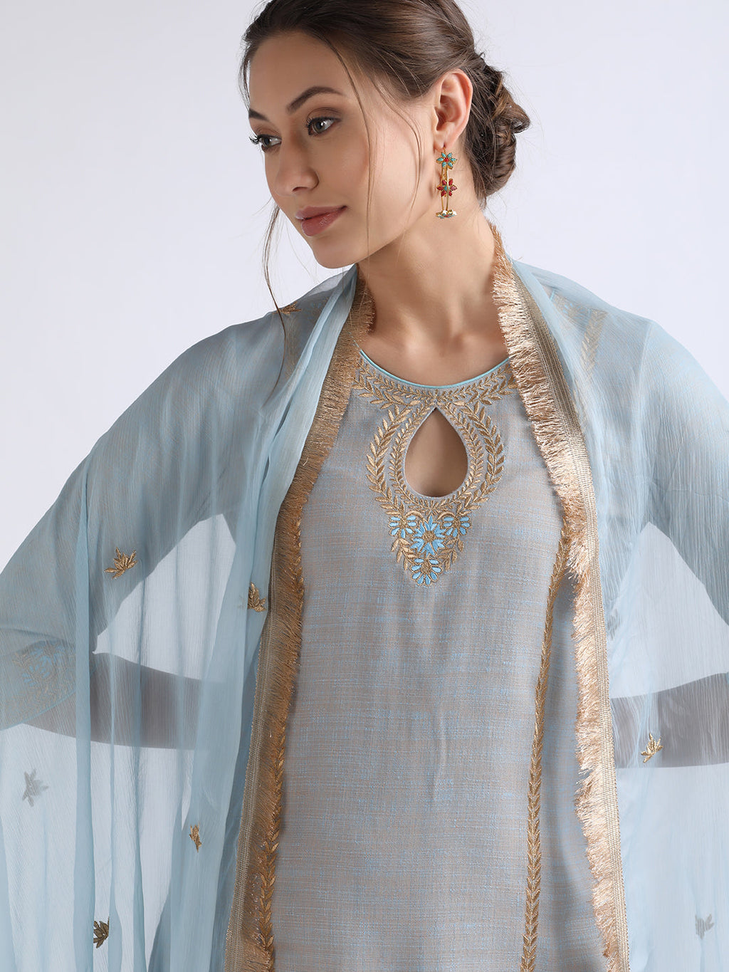 Blue Cotton Relaxed Fit Kurta Set with Dupatta at Kamakhyaa by RoohbyRidhimaa. This item is Blue, Chiffon, Cotton, Dupattas, Embroidered, Festive Wear, Kurta Set with Dupattas, Relaxed Fit, Toxin free, Zari Embroidered