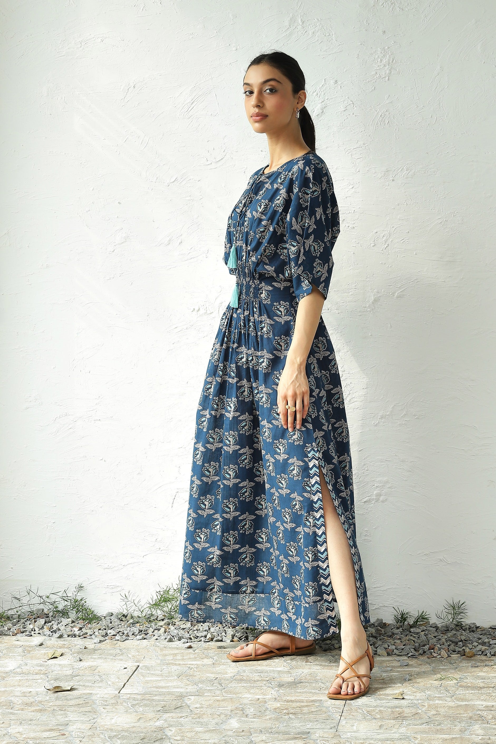 Blue Cotton Side Slit Dress at Kamakhyaa by Canoopi. This item is Blue, Canoopi, Casual Wear, Cotton, Dresses, Maxi Dresses, Natural, Prints, Regular Fit, Womenswear