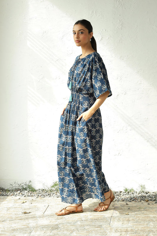 Blue Cotton Side Slit Dress at Kamakhyaa by Canoopi. This item is Blue, Canoopi, Casual Wear, Cotton, Dresses, Maxi Dresses, Natural, Prints, Regular Fit, Womenswear