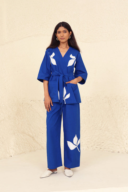 Blue Cotton Solid Evening Wear Co-ord Set at Kamakhyaa by Kanelle. This item is Blue, Cotton Poplin, Evening Wear, Floral, Made from Natural Materials, One by One by Kanelle, Regular Fit, Travel Co-ords