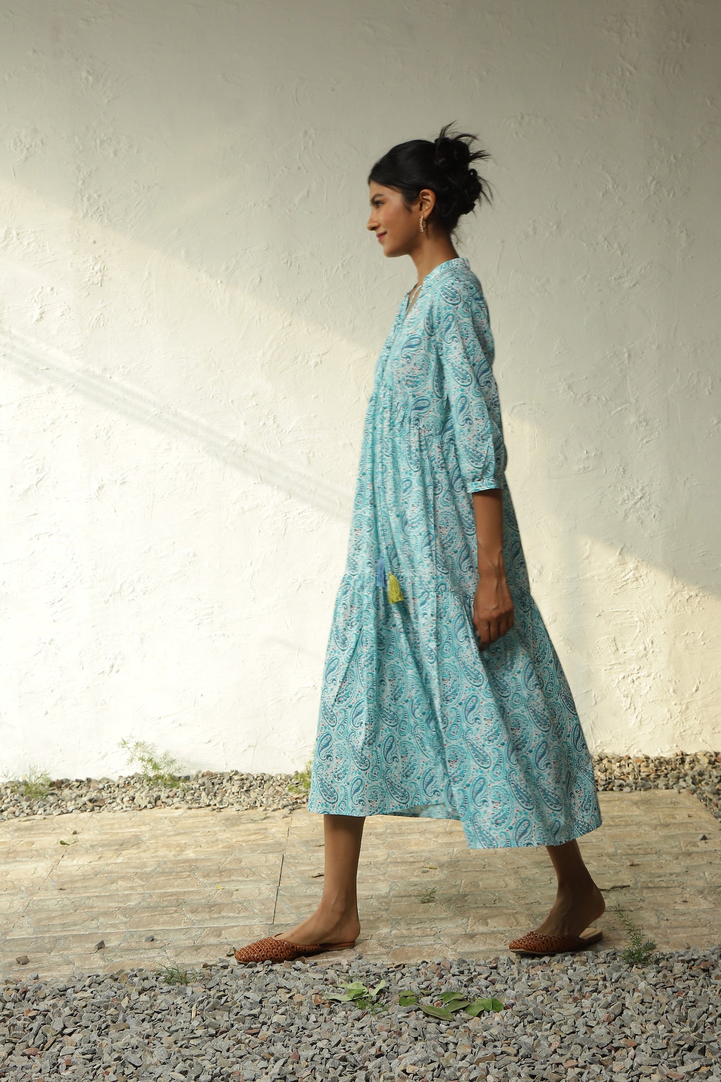 Blue Cotton Tiered Midi Dress at Kamakhyaa by Canoopi. This item is Blue, Canoopi, Casual Wear, Cotton, Dresses, Maxi Dresses, Natural, Prints, Regular Fit, Womenswear