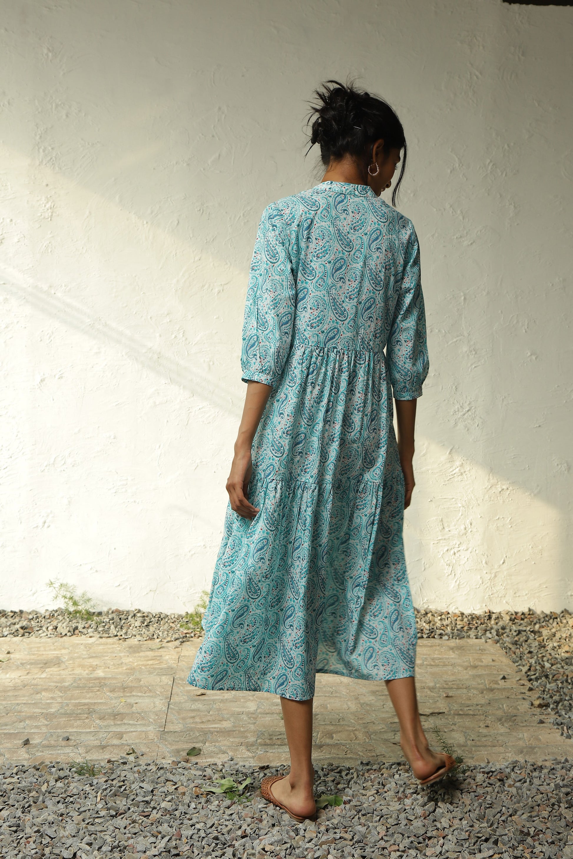 Blue Cotton Tiered Midi Dress at Kamakhyaa by Canoopi. This item is Blue, Canoopi, Casual Wear, Cotton, Dresses, Maxi Dresses, Natural, Prints, Regular Fit, Womenswear