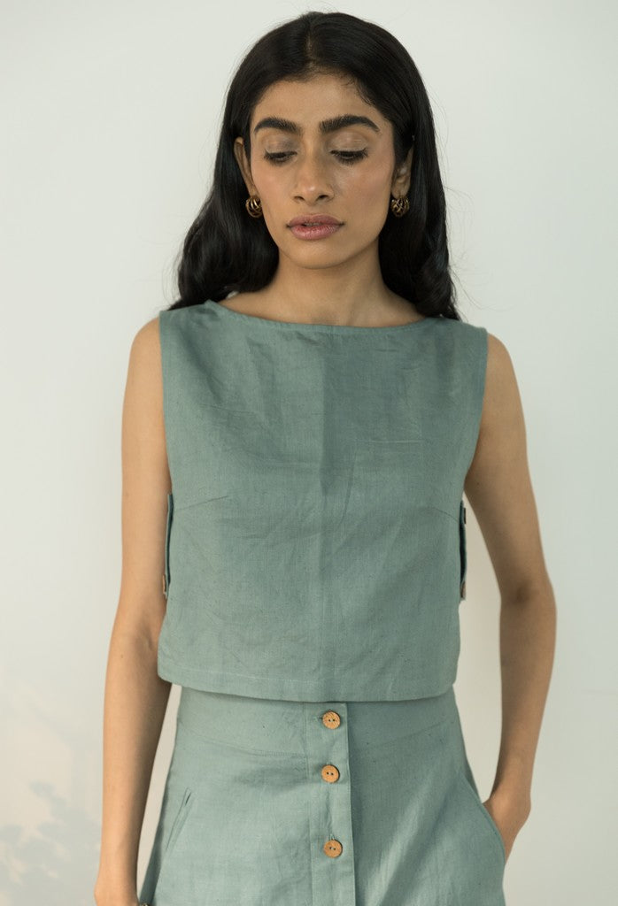 Blue Crop Top at kamakhyaa.com by Anushé Pirani. This item is Best Selling, Blue, Console Collection List, Cotton, Crop Tops, Handwoven, Hemp, Pinterest top pins, Regular Fit, Shibumi by Anushe Pirani, Solids, Womenswear
