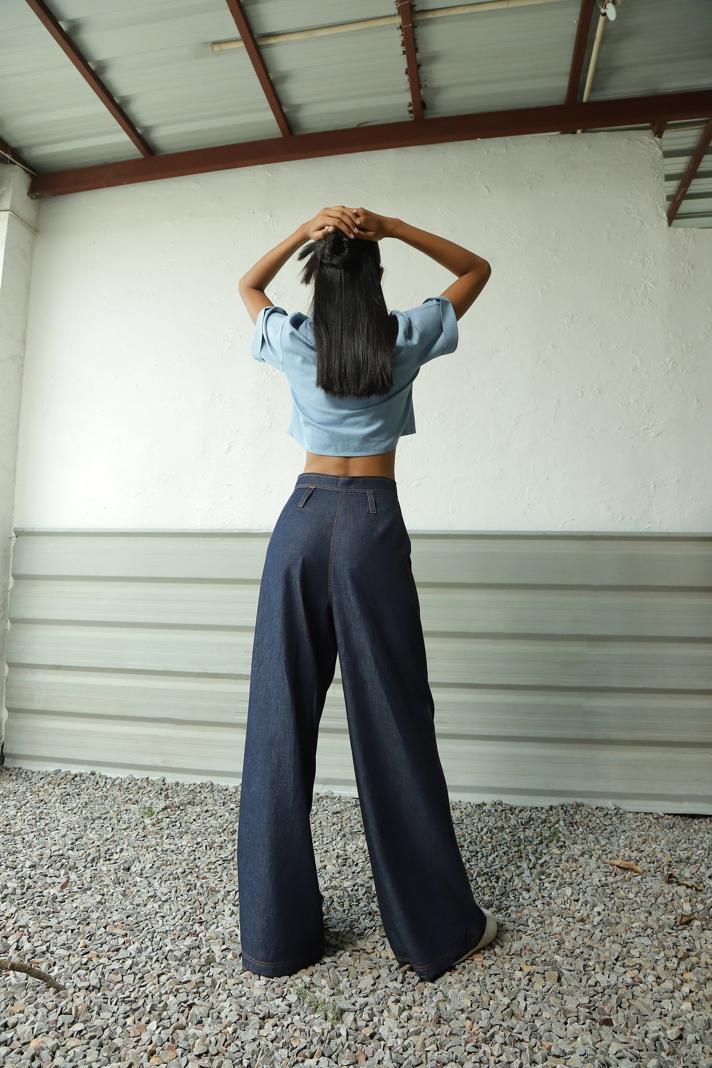 Blue Denim Crop Top With Flared Pant Set at Kamakhyaa by Canoopi. This item is Blue, Canoopi, Casual Wear, Complete Sets, Cotton, Denim, Natural, Regular Fit, Solids, Vacation Co-ords, Womenswear
