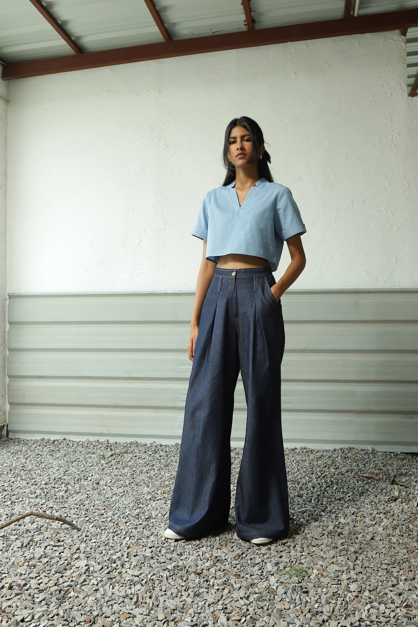 Blue Denim Crop Top With Flared Pant Set at Kamakhyaa by Canoopi. This item is Blue, Canoopi, Casual Wear, Complete Sets, Cotton, Denim, Natural, Regular Fit, Solids, Vacation Co-ords, Womenswear
