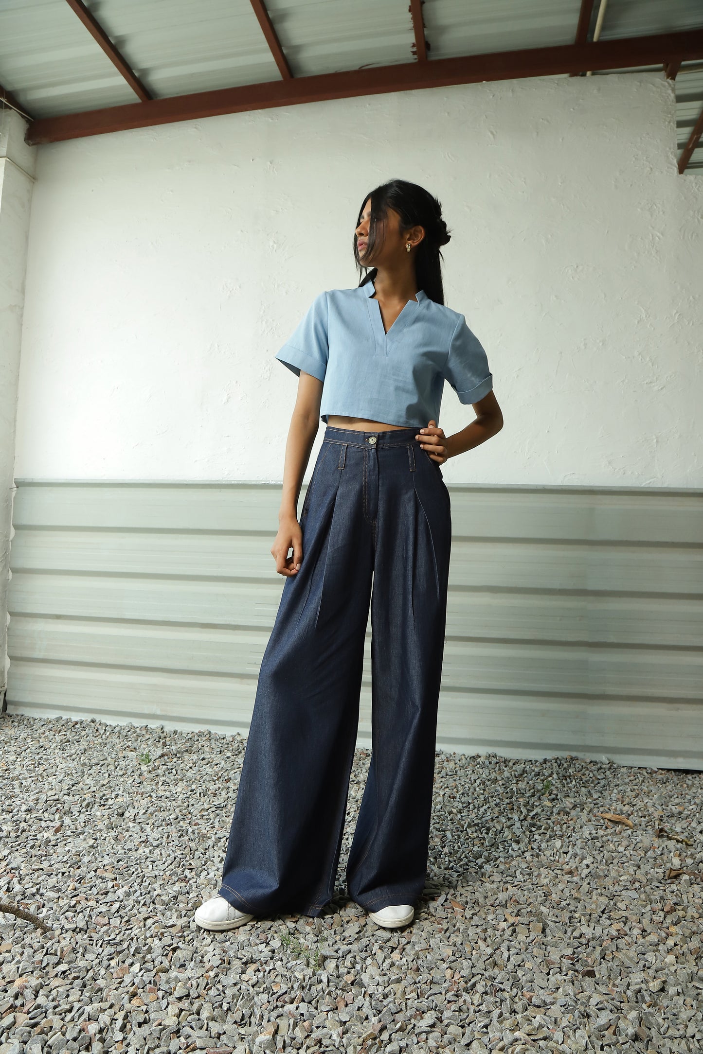 Blue Denim Crop Top With Flared Pant Set at Kamakhyaa by Canoopi. This item is Blue, Canoopi, Casual Wear, Complete Sets, Cotton, Denim, Natural, Regular Fit, Solids, Vacation Co-ords, Womenswear