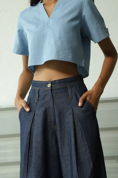 Blue Denim Crop Top With Flared Pant Set at Kamakhyaa by Canoopi. This item is Blue, Canoopi, Casual Wear, Complete Sets, Cotton, Denim, Natural, Regular Fit, Solids, Vacation Co-ords, Womenswear