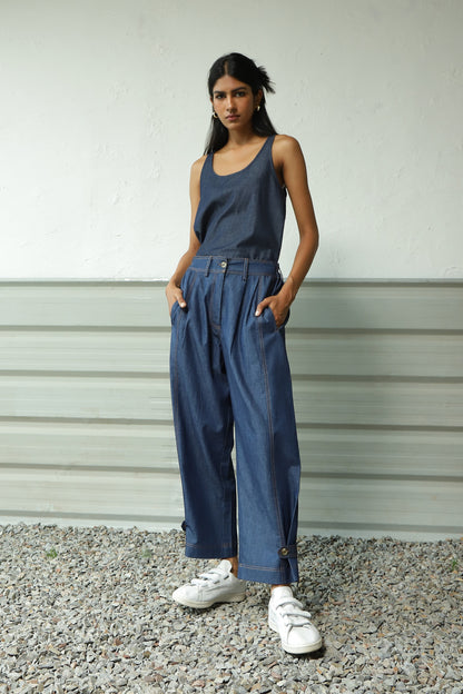 Blue Denim Scoop Neck Co-Ord Set at Kamakhyaa by Canoopi. This item is Blue, Canoopi, Casual Wear, Complete Sets, Cotton, Denim, Natural, Regular Fit, Solids, Vacation Co-ords, Womenswear