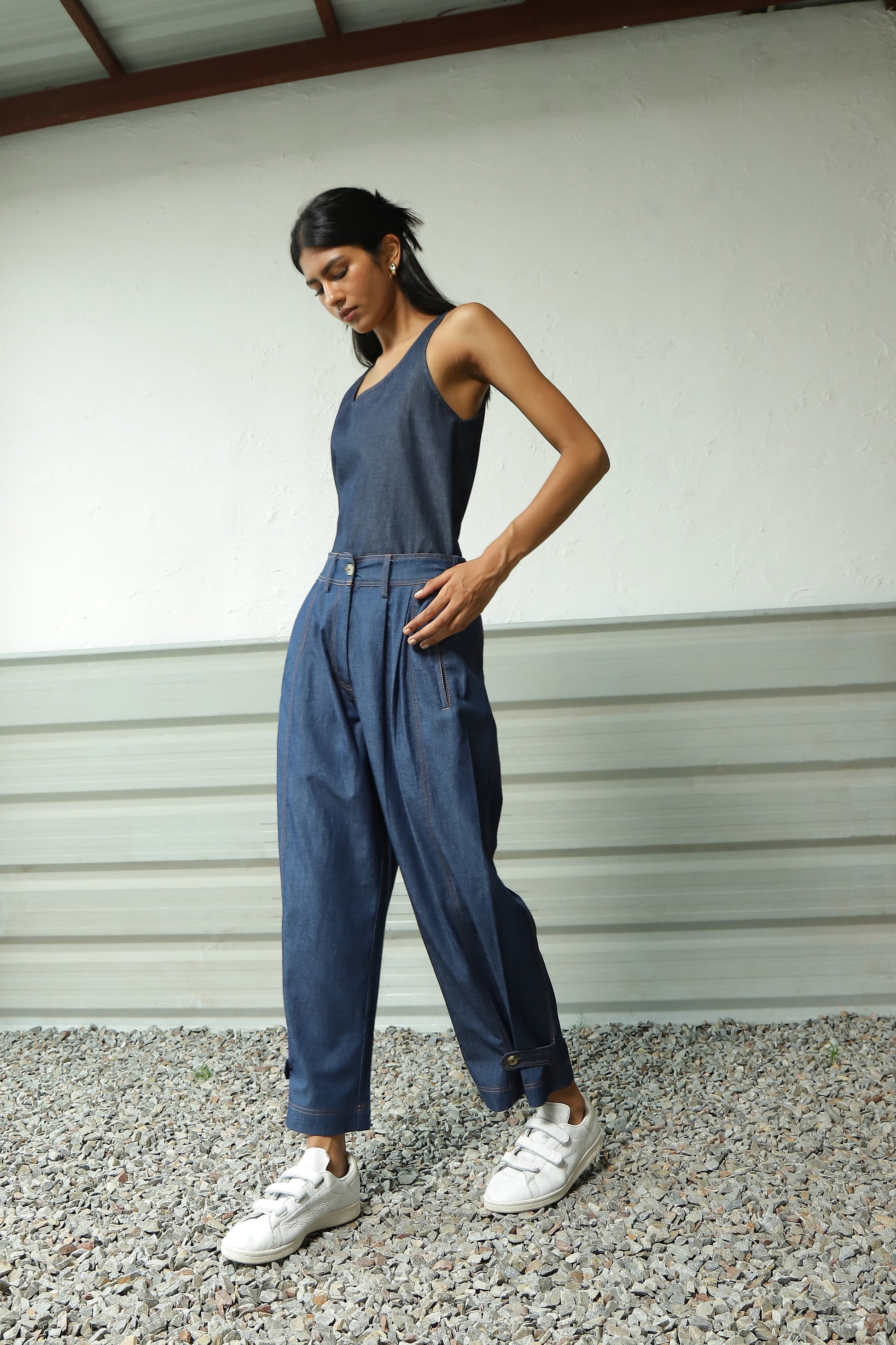 Blue Denim Scoop Neck Co-Ord Set at Kamakhyaa by Canoopi. This item is Blue, Canoopi, Casual Wear, Complete Sets, Cotton, Denim, Natural, Regular Fit, Solids, Vacation Co-ords, Womenswear