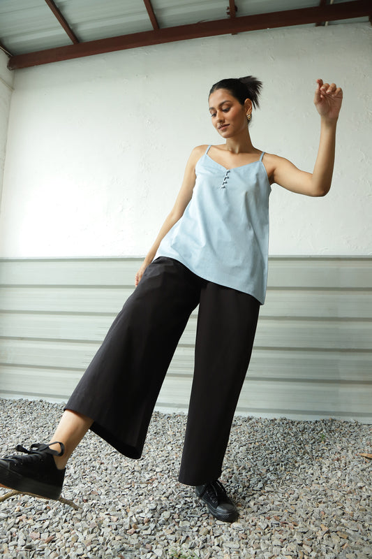 Blue Denim Top Black Flared Pant Set at Kamakhyaa by Canoopi. This item is Black, Blue, Canoopi, Casual Wear, Complete Sets, Denim, Loungewear Co-Ords, Natural, Poplin, Regular Fit, Solids, Womenswear