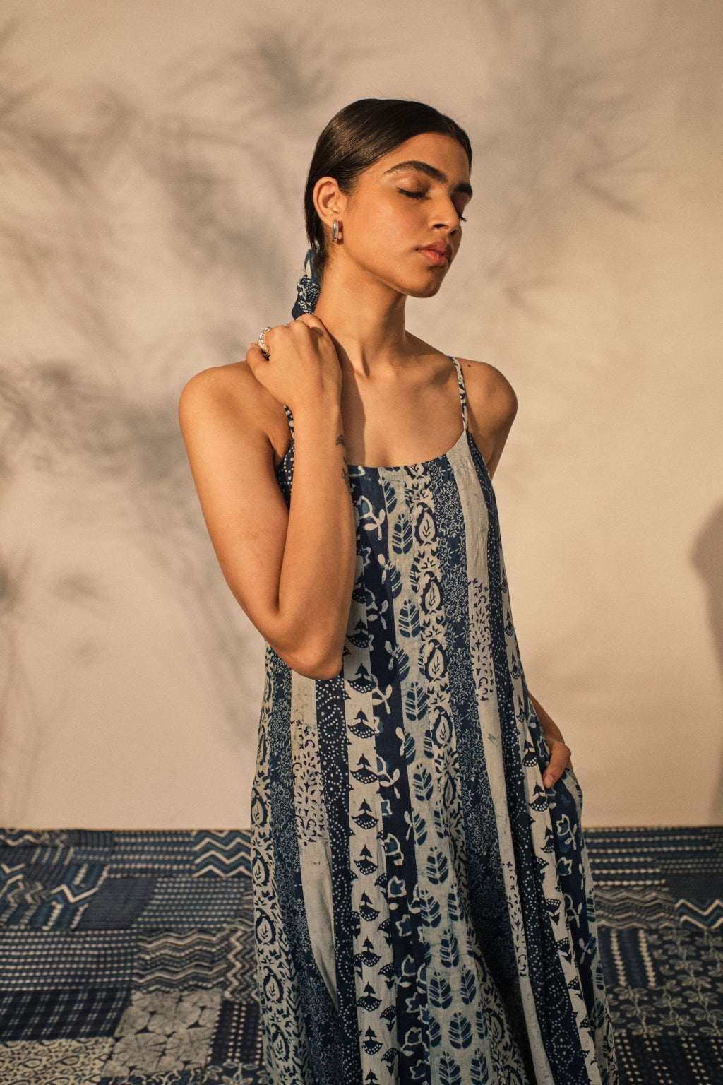 Blue Evening Wear Maxi Dress at Kamakhyaa by Akashii Clothing. This item is 100% Blue Indigo Cotton, Block Prints, Blue, Evening Wear, handmade, Maxi Dresses, Neeli by Akashi Clothing, Organic, Regular Fit
