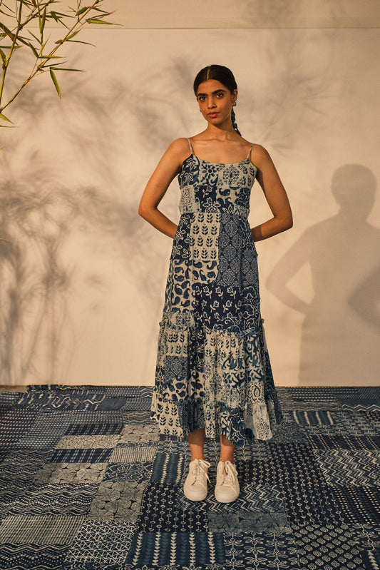 Blue Evening Wear Midi Dress at Kamakhyaa by Akashii Clothing. This item is 100% Blue Indigo Cotton, Block Prints, Blue, Evening Wear, handmade, Midi Dresses, Neeli by Akashi Clothing, Organic, Regular Fit