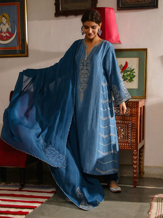 Blue Festive Wear Kurta Set with Dupatta at Kamakhyaa by RoohbyRidhimaa. This item is Aangan By RoohbyRidhimaa, Bhai Dooj, Blue, Embroidered, Festive Wear, Kurta Set with Dupattas, Kurta Sets, Mehendi Function, Mehendi Functions, Relaxed Fit, Resham Embroidered, Toxin free, Wedding Wear, Zari Embroidered