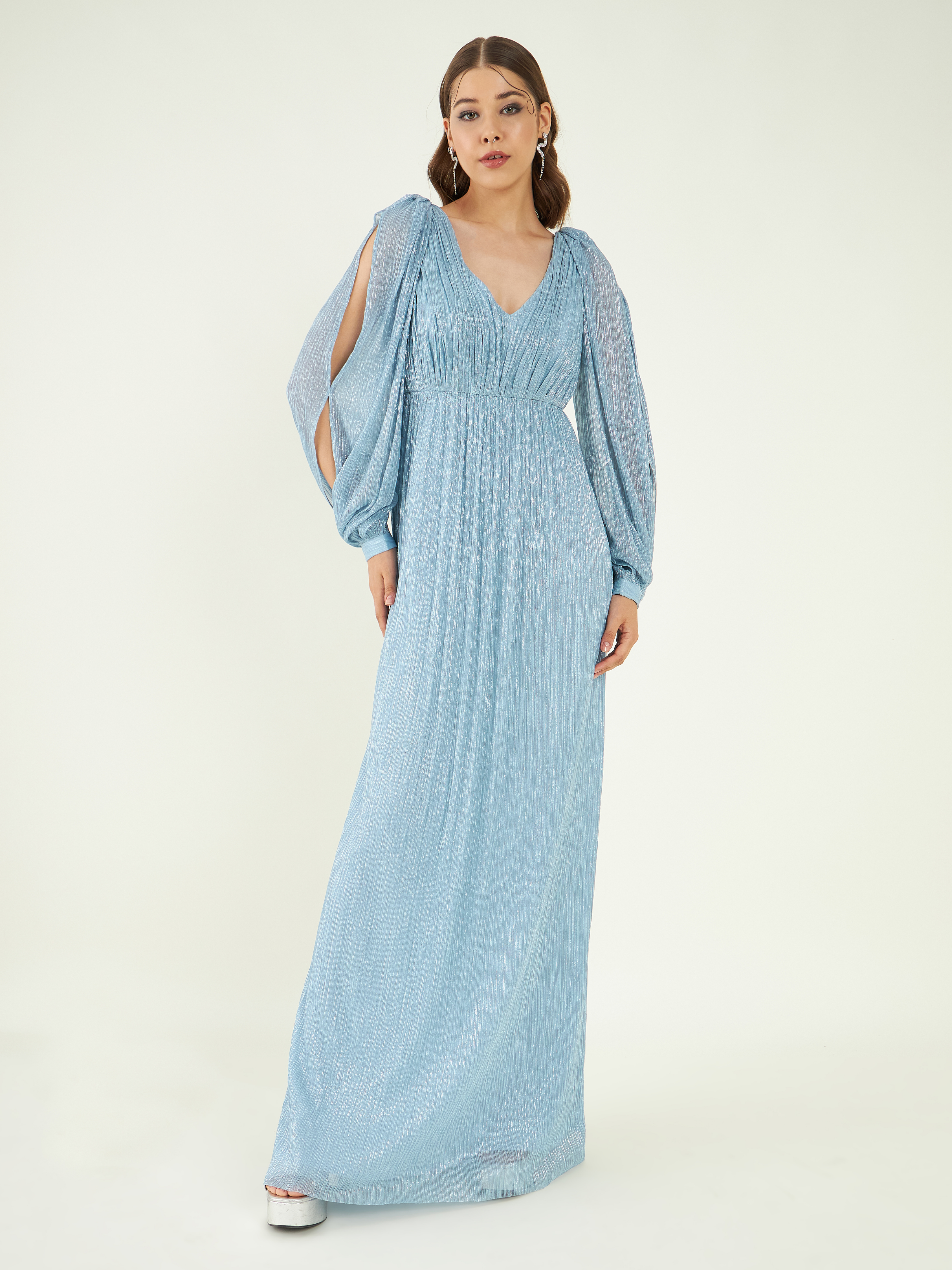 Blue Fine Crepe Maxi Dress at Kamakhyaa by Bohobi. This item is Blue, Evening Wear, Fine Pleated Crepe, Maxi Dresses, Regular Fit, Solids, Toxin free