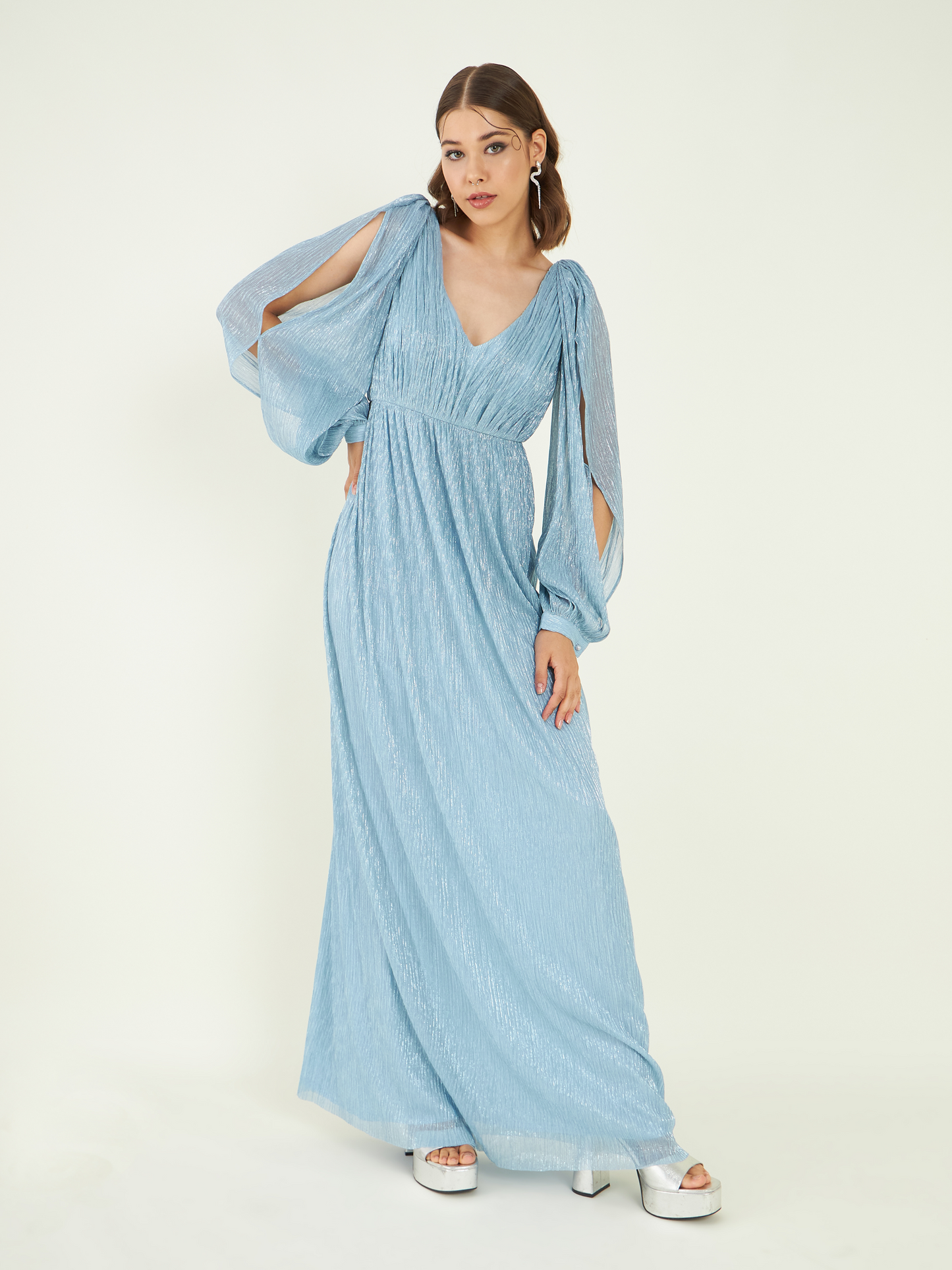 Blue Fine Crepe Maxi Dress at Kamakhyaa by Bohobi. This item is Blue, Evening Wear, Fine Pleated Crepe, Maxi Dresses, Regular Fit, Solids, Toxin free