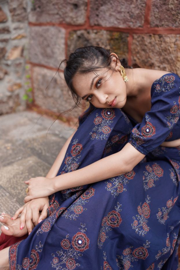 Blue Floral Print Lehenga Set at Kamakhyaa by Hasttvam. This item is Blue, Cotton, Festive Wear, Floral, Natural dyes, Relaxed Fit, Respondible production and Vegan