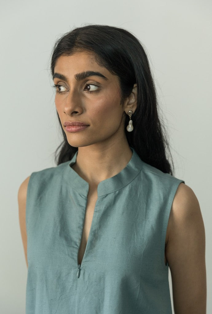 Blue Gathered Dress at kamakhyaa.com by Anushé Pirani. This item is Blue, Casual Wear, Console Collection List, Cotton, Handwoven, Hemp, Maxi Dresses, Regular Fit, Shibumi by Anushe Pirani, Sleeveless Dresses, Solids, Womenswear