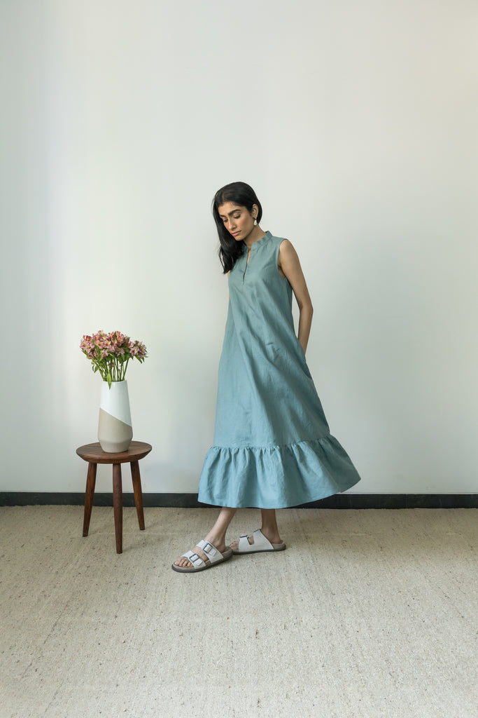 Blue Gathered Dress at Kamakhyaa by Anushé Pirani. This item is Blue, Casual Wear, Cotton, Handwoven, Hemp, Maxi Dresses, Regular Fit, Shibumi by Anushe Pirani, Sleeveless Dresses, Solids, Womenswear