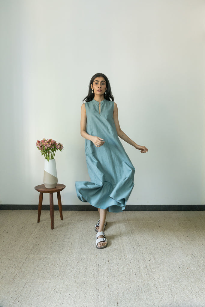 Blue Gathered Dress at Kamakhyaa by Anushé Pirani. This item is Blue, Casual Wear, Cotton, Handwoven, Hemp, Maxi Dresses, Regular Fit, Shibumi by Anushe Pirani, Sleeveless Dresses, Solids, Womenswear