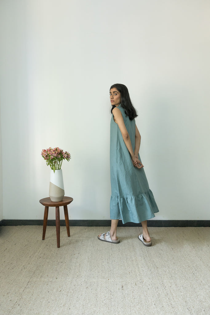 Blue Gathered Dress at Kamakhyaa by Anushé Pirani. This item is Blue, Casual Wear, Cotton, Handwoven, Hemp, Maxi Dresses, Regular Fit, Shibumi by Anushe Pirani, Sleeveless Dresses, Solids, Womenswear