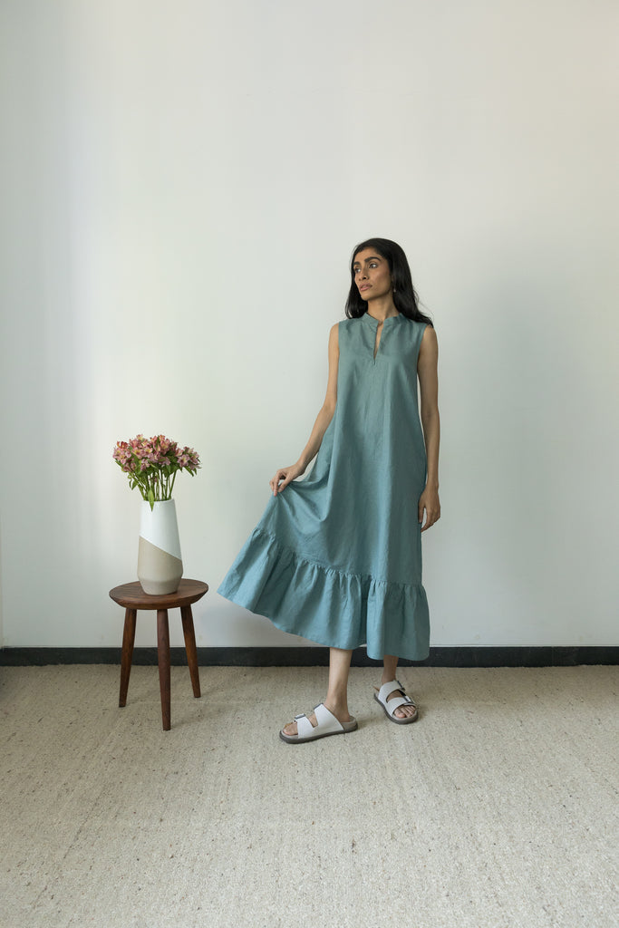 Blue Gathered Dress at Kamakhyaa by Anushé Pirani. This item is Blue, Casual Wear, Cotton, Handwoven, Hemp, Maxi Dresses, Regular Fit, Shibumi by Anushe Pirani, Sleeveless Dresses, Solids, Womenswear