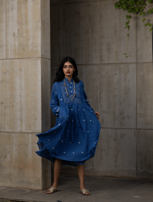 Blue Gathered Midi Dress with Polka Dots at Kamakhyaa by Araayeh. This item is Artisan Made, Blue, Handwoven Cotton, Midi Dresses, Polka Dots, Regular Fit, Work Wear