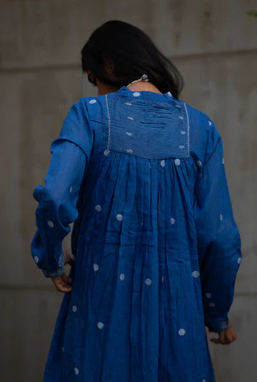 Blue Gathered Midi Dress with Polka Dots at Kamakhyaa by Araayeh. This item is Artisan Made, Blue, Handwoven Cotton, Midi Dresses, Polka Dots, Regular Fit, Work Wear